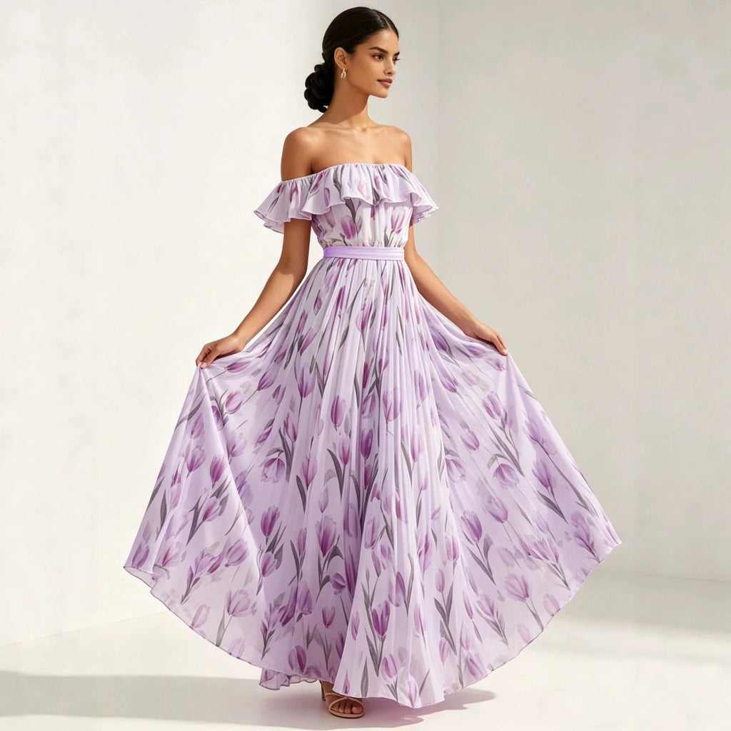 2026 summer off-the-shoulder tulip print plus size slimming square neck maxi dress