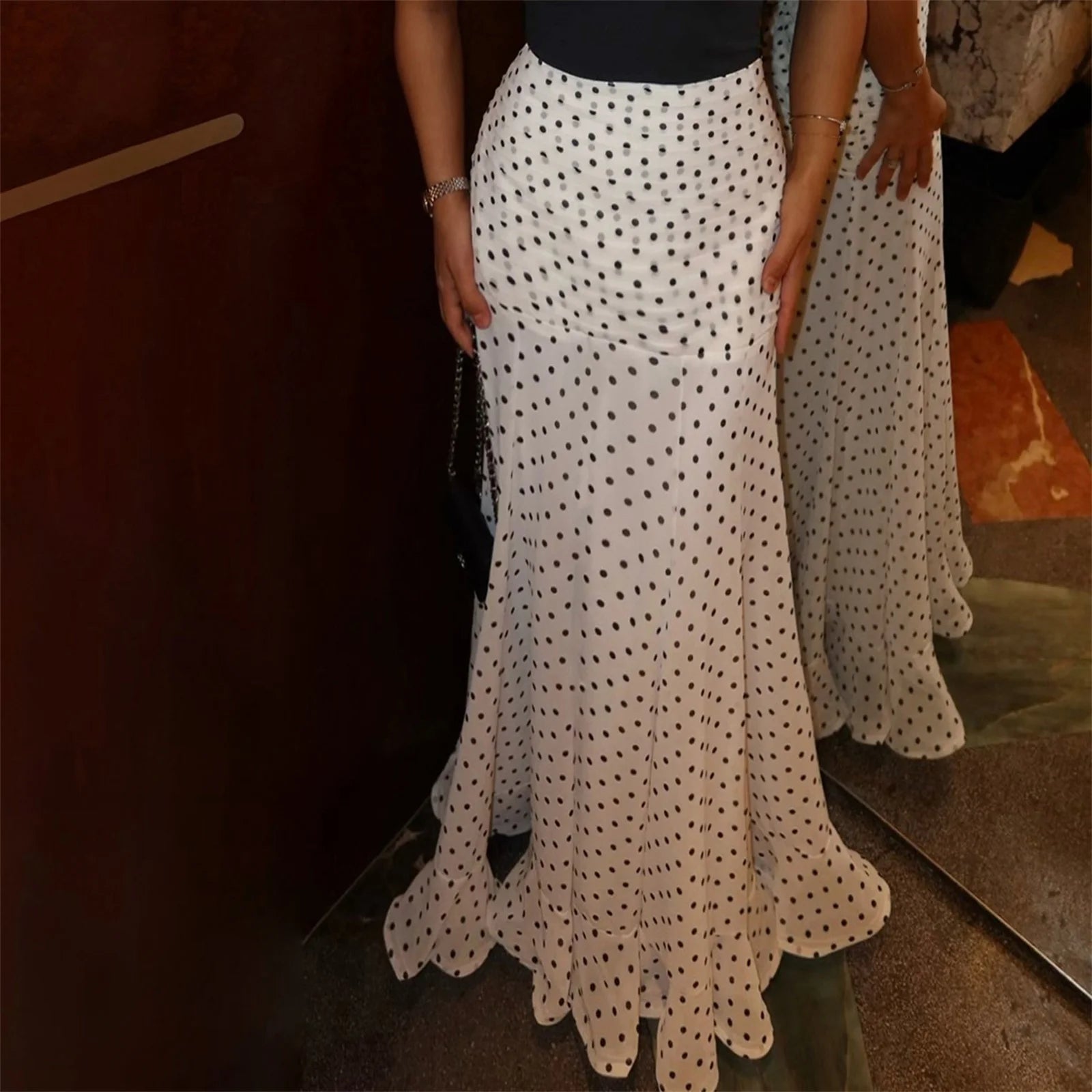 hirigin Polka Dot Floor-length Chiffon Skirt French Style Ruffled Mesh A-line Skirts Elegant Maxi Bottoms High Waist Streetwear Main image