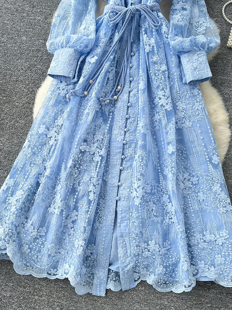 Spring Autumn French High-end Women's Dress New Lace Embroidery V-neck Lantern Sleeves Single Breasted Party Birthday Dress C192
