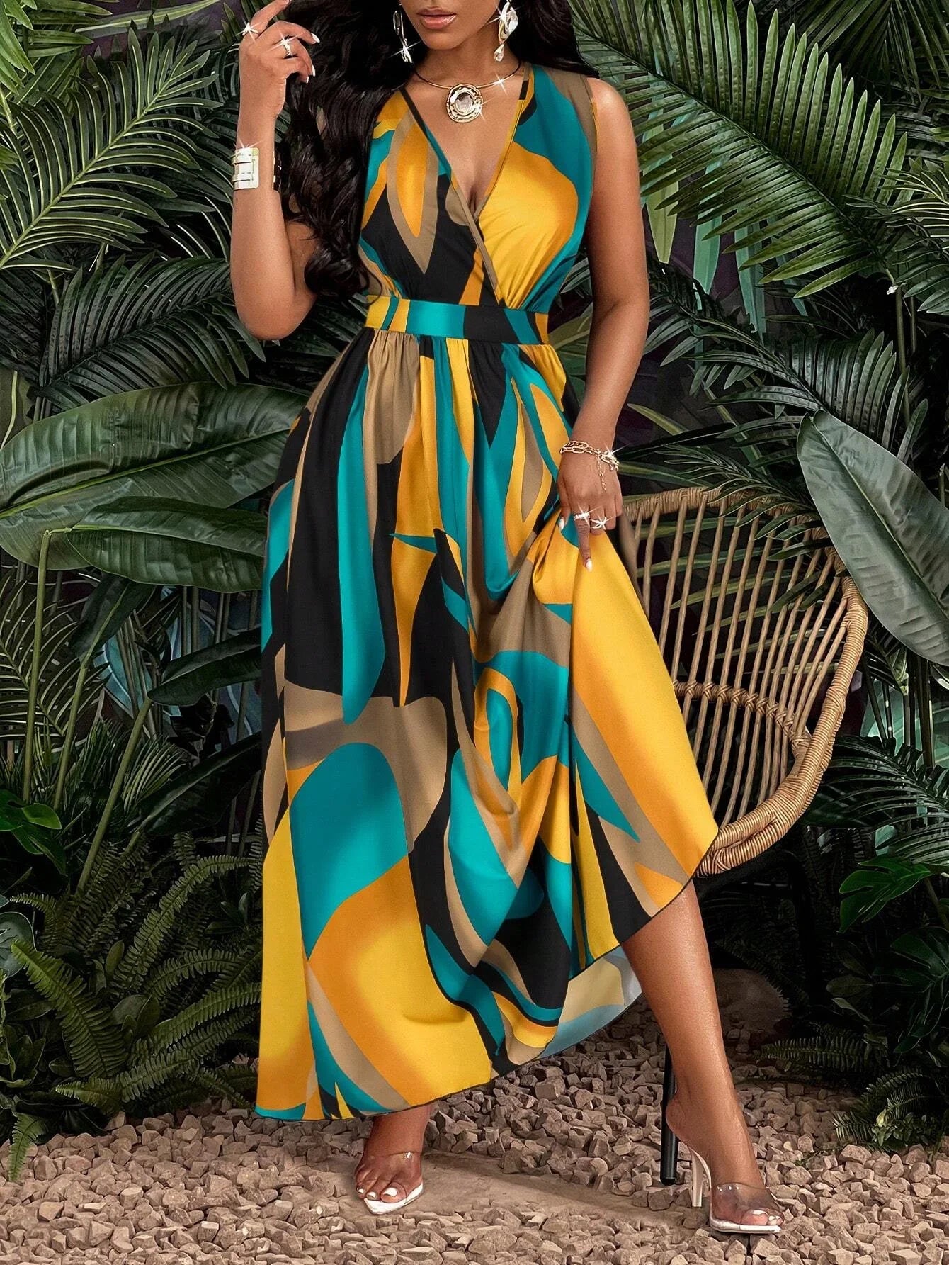 Women's sleeveless V-neck floor-length dress with abstract prints - fashionable for beach and casual occasions