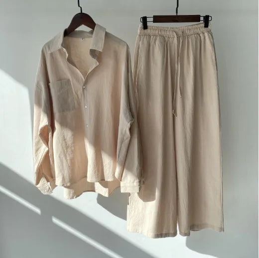 Plus Size Casual Loose Two-Piece Set Wide Leg Pants Long Sleeve Shirt Light Beige Street Style Elegant Quality Polyester Summ...