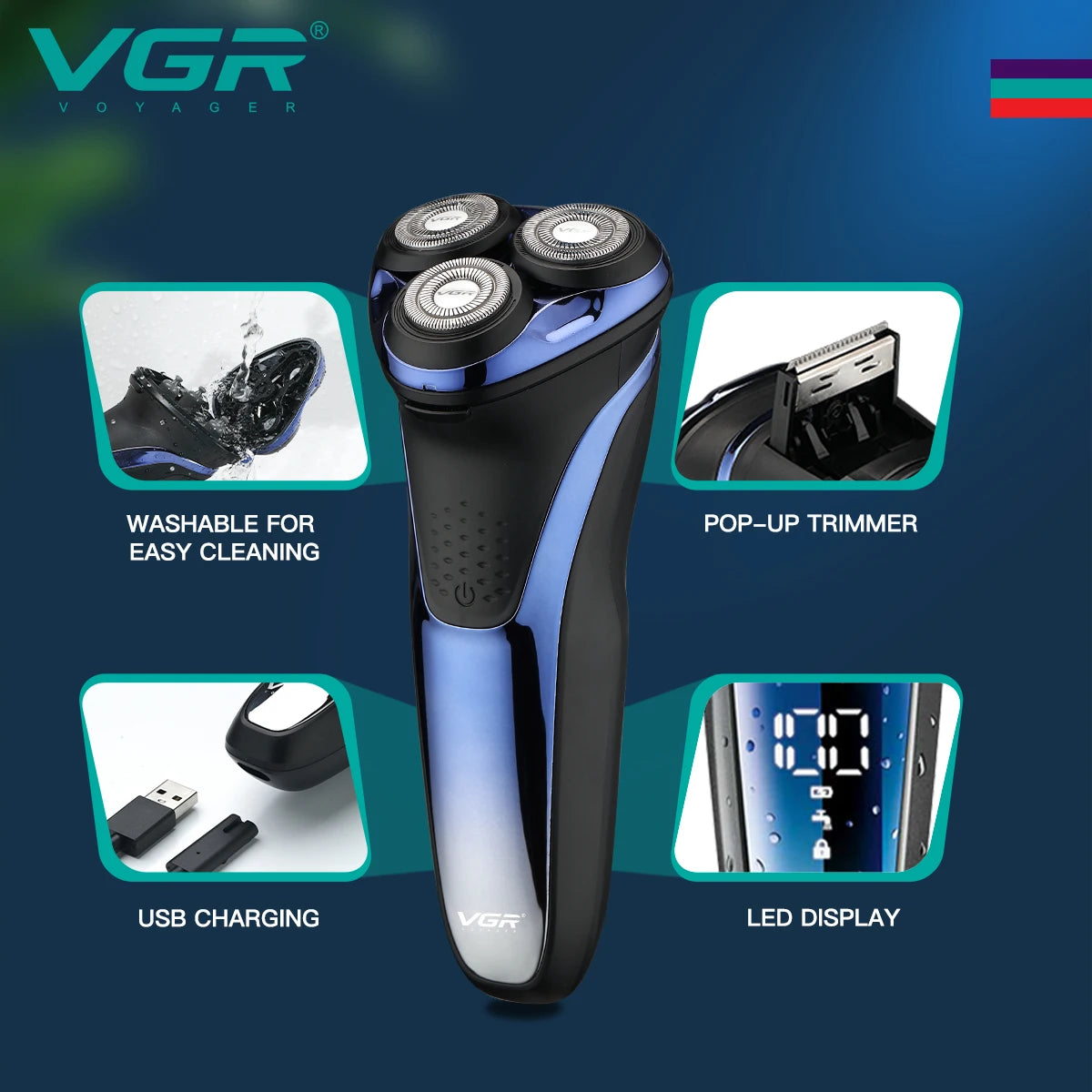 VGR Electric Shaver Professional Razor Waterproof Beard Trimmer Rotary 3D Floating Shaving Rechargeable Electric for Men V-306 Secondary image