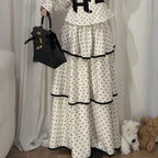 Korean Fashion Elegant Beige Polka Dot Women Set Long-sleeved Single Button Top High Waist A-line Ruffled Tiered Long Skirt 2pcs