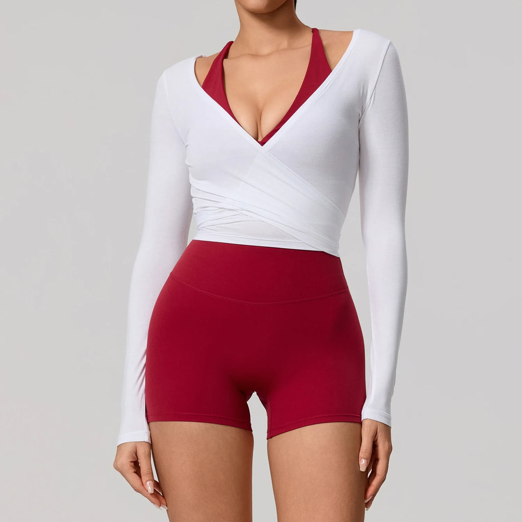 New Summer Women's Yoga Long Sleeve One Piece Strap Yoga Clothing Female Training Premium Ballet Wrap TopsWoman Gym Sports Top