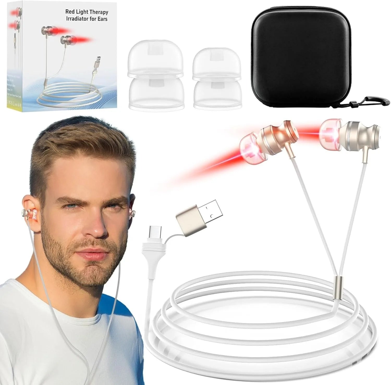 Tinnitus Infrared Ear Plugs USB Type-C 650nm Red Light LLLT Irradiation Ear Therapy Device for Otitis Media Deafness Health Care