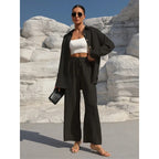 Plus Size Casual Loose Two-Piece Set Wide Leg Pants Long Sleeve Shirt Light Beige Street Style Elegant Quality Polyester Summ...