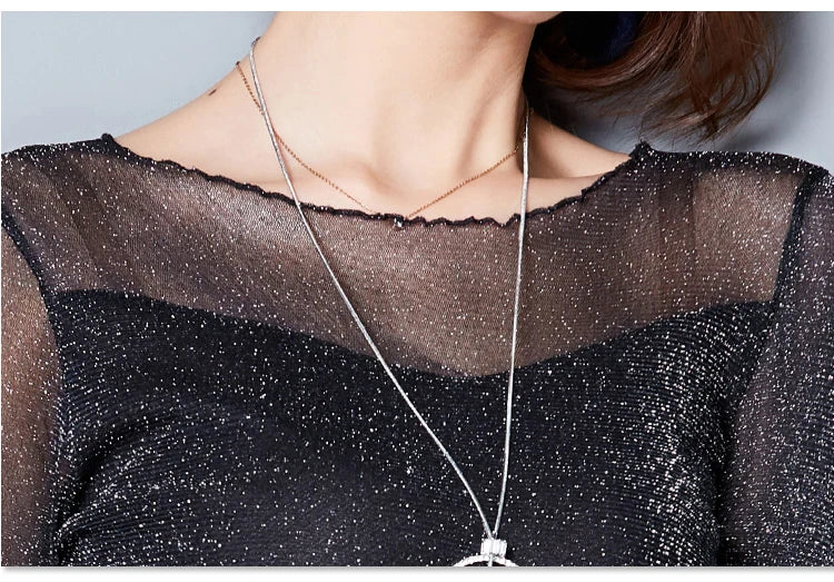 Glitter Mesh Blouse Sexy Womens Shirts Long Sleeve Tops Korean Black Pink O-Neck Elegant Slim Blouse Camisas Femininas