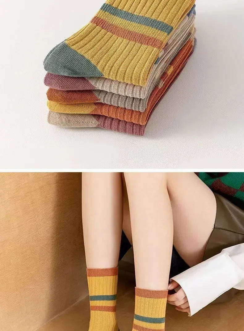 5 Pairs Striped Print Socks for Women Comfy Soft Mid Tube Socks Winter  Harajuku Funny Casual Sock Women's Stockings Hosiery