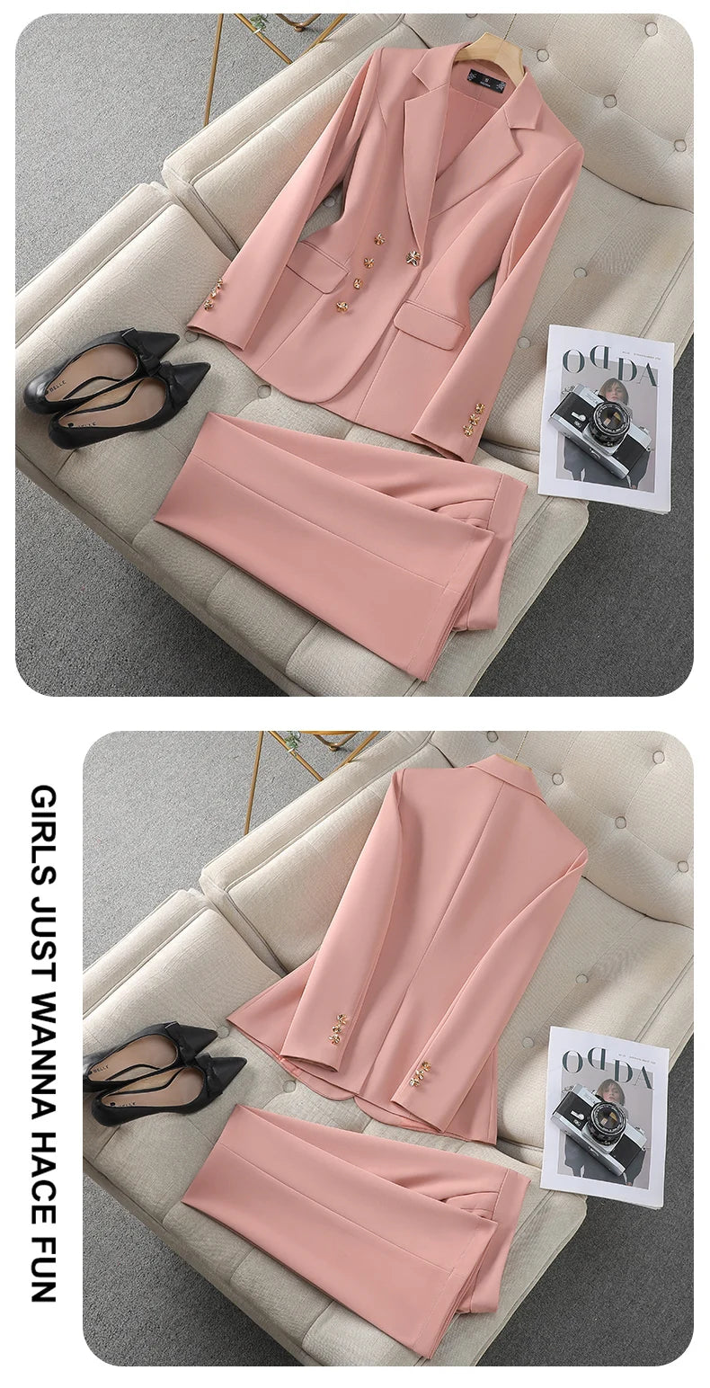 NAVIU New 2024 Women Pant Suits Pink Blazer And Jacket Set Office Ladies Work Business Uniform Female Pantsuit OL Style Beige