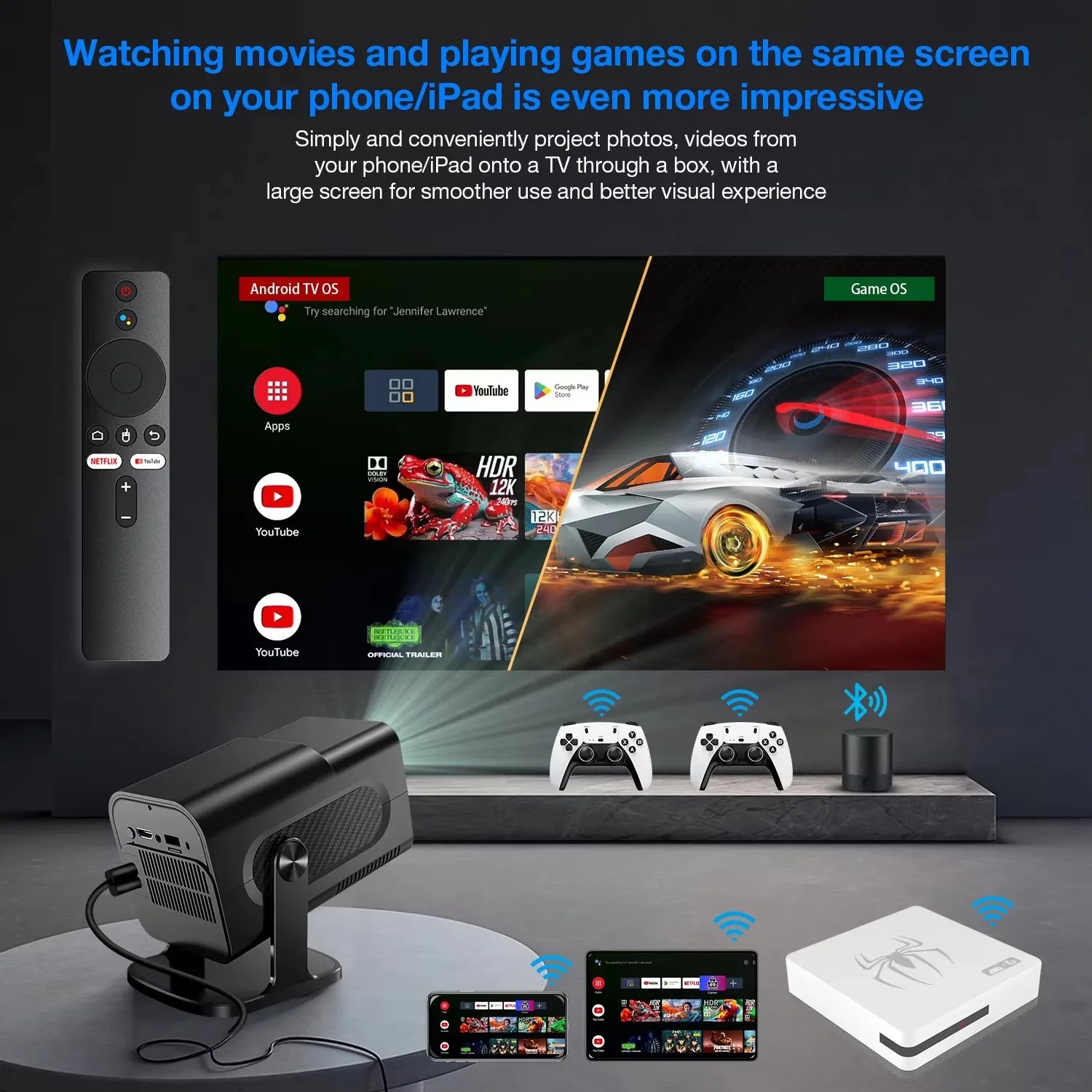 Dual-system TV Game Box G7,G8 8K 3D, supports two players, 60000 classic retro arcade games, includes 2.4G wireless controllers.