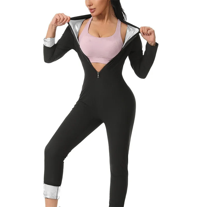 MrifDila Sauna Suit Jumpsuit Full Zip Up Sweatsuit Hot Sweating Jumpsuit Long Sleeve Romper Bottom Pants Sweating Bodysuit Shape