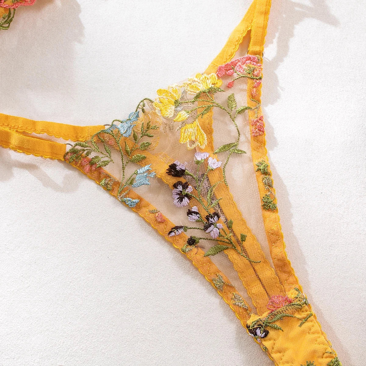Yimunancy Floral Embroidery Lingerie Set Women Sheer 2-Piece Boho Bra + Panty Underwear Set Intimates