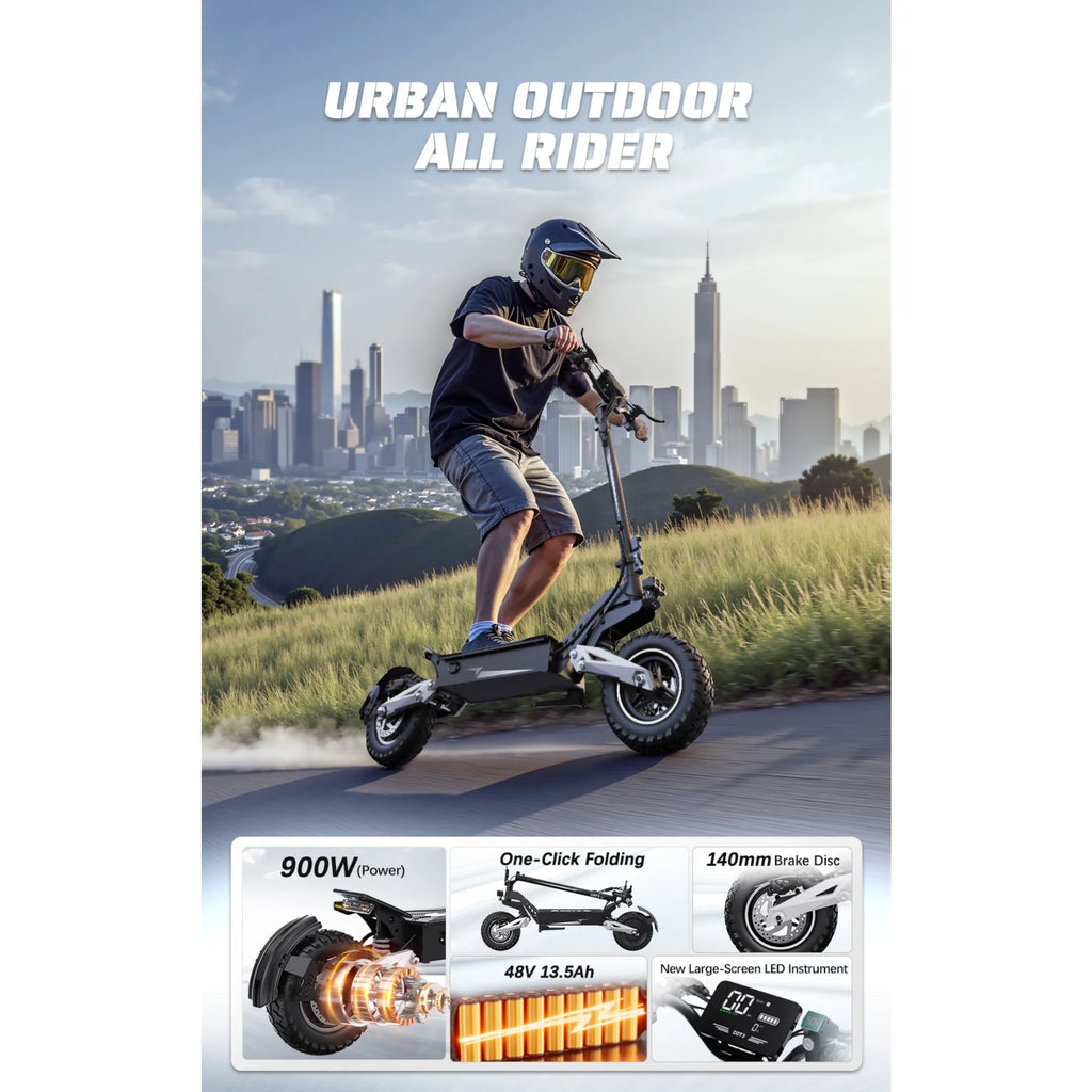 T10 Portable E-Scooter 900W Peak Power 48V 13.5/18 Ah Battery Electric Scooter for Adults 11inch Off-road Tire Scooters Electric