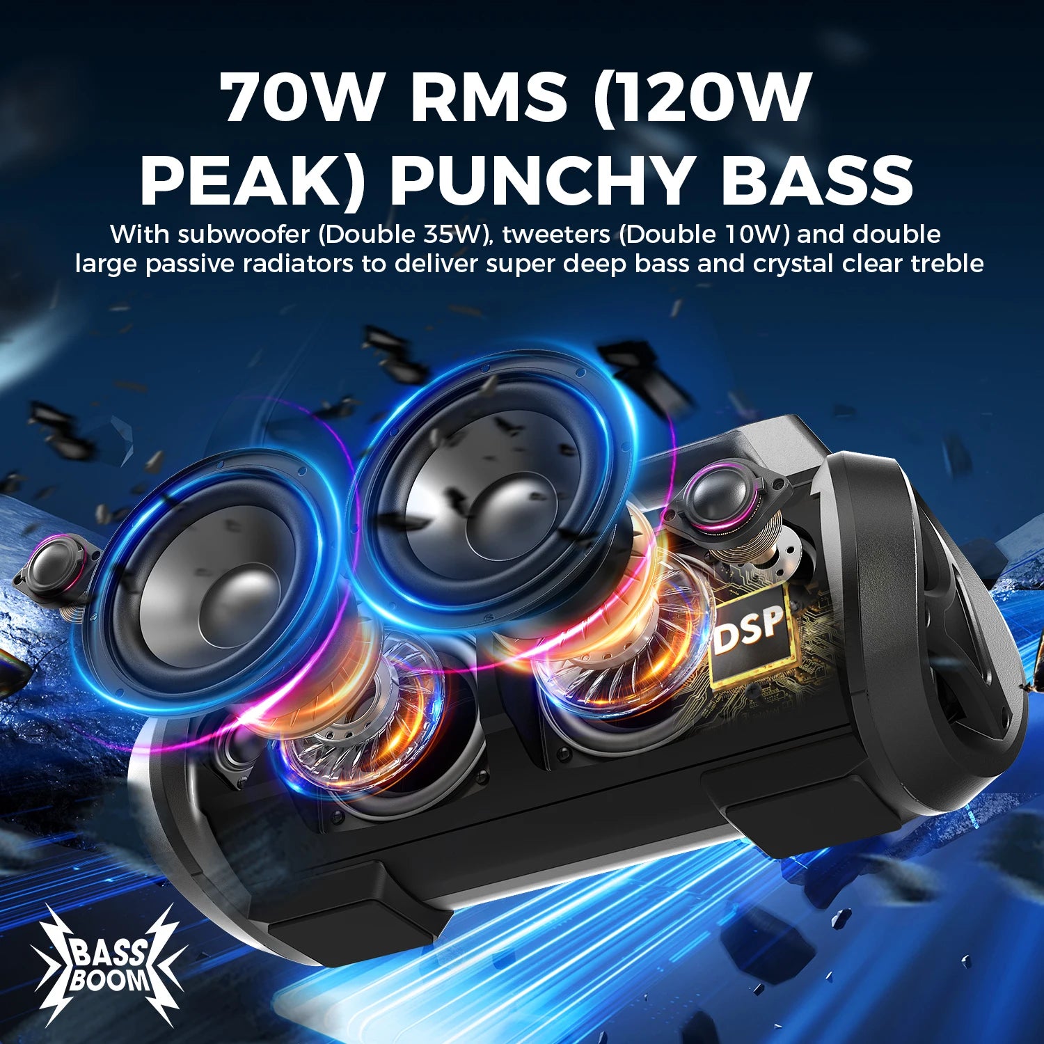 W-KING 70W RMS Bluetooth Portable Speaker,  Speaker Wireless Loud IPX6 Waterproof Bluetooth Speakers with Subwoofer/Bass Boost Secondary image