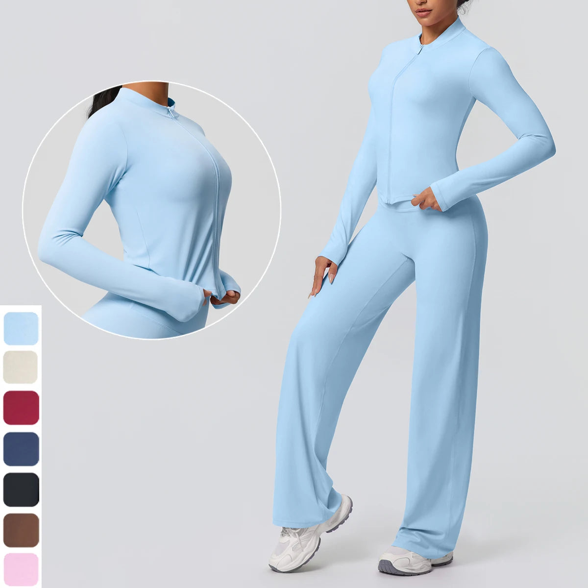 2pieces Quick Drying Sports Fitness Clothing Yoga Set Women Yoga Zipper Long Dleeves High Waisted Breathable Wide Leg Pants Set Main image