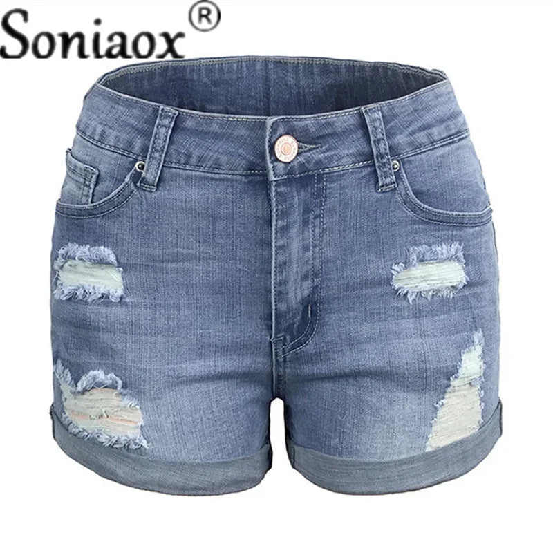2024 Summer New Women Crimping Button Up Stretch Sexy Hole Jean Shorts High Waist Skinny Streetwear Trendy Ripped Denim Shorts