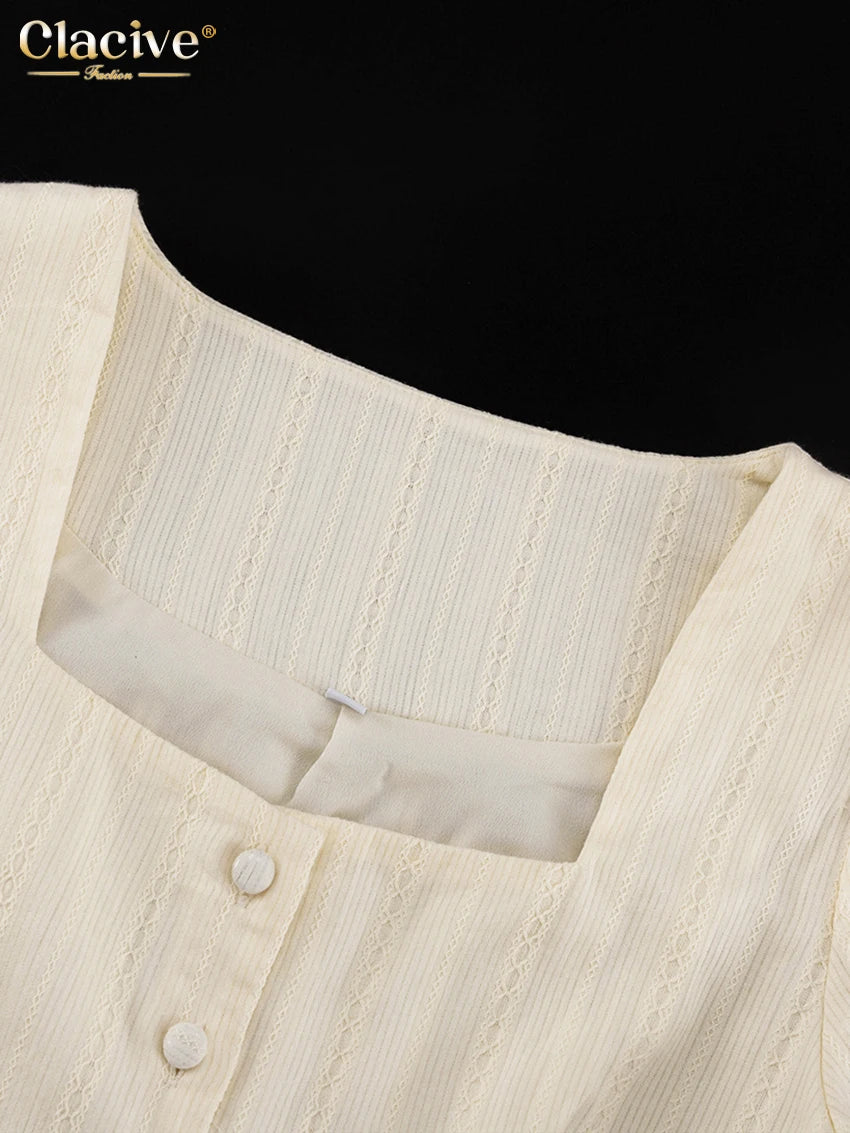 Clacive Fashion Loose Beige Cotton 2 Piece Set Women Elegant Long Sleeve Shirt With High Waist Wide Pants Set Female Clothing