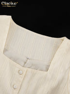 Clacive Fashion Loose Beige Cotton 2 Piece Set Women Elegant Long Sleeve Shirt With High Waist Wide Pants Set Female Clothing