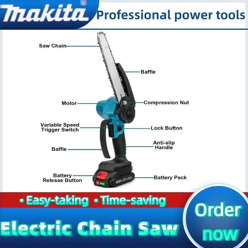 Makita 6 Inch Chain Saw Electric Saw 18V Handheld Portable Wood Logging Chain saw Garden Pruning Wood Power Tool
