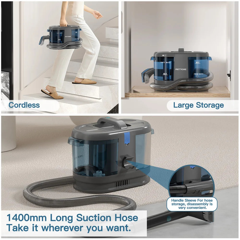 PrettyCare PC808 Cordless Carpet&Spot Vacuum Cleaner 1.4m Hose 30minutes Fabric Vacuum Cleaner with Wet Sprayer For Sofa Car
