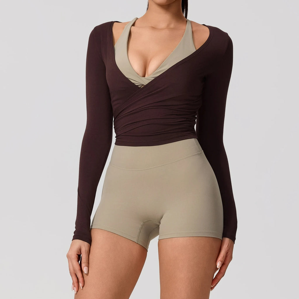 New Summer Women's Yoga Long Sleeve One Piece Strap Yoga Clothing Female Training Premium Ballet Wrap TopsWoman Gym Sports Top