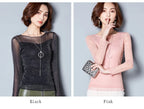 Glitter Mesh Blouse Sexy Womens Shirts Long Sleeve Tops Korean Black Pink O-Neck Elegant Slim Blouse Camisas Femininas