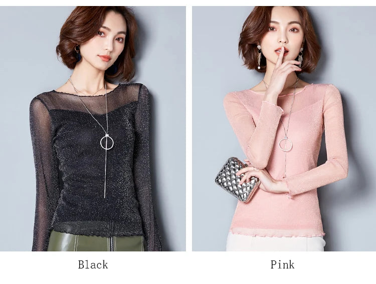 Glitter Mesh Blouse Sexy Womens Shirts Long Sleeve Tops Korean Black Pink O-Neck Elegant Slim Blouse Camisas Femininas