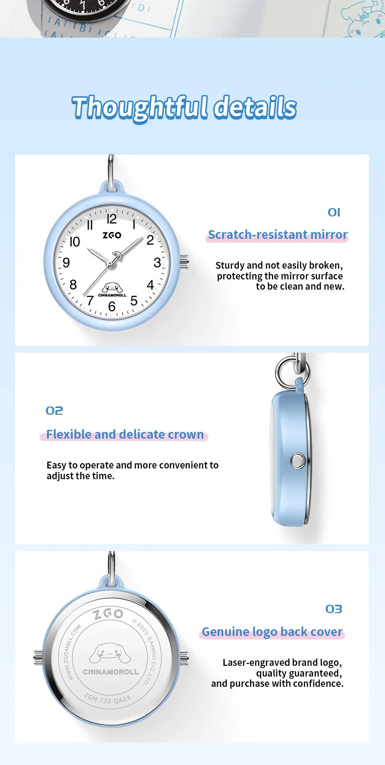 ZGO Sanrio Cinnamoroll Lady Pocket Watch, Simple Design Sense Pendant Watch, Waterproof, Quartz Watch, Gift 733