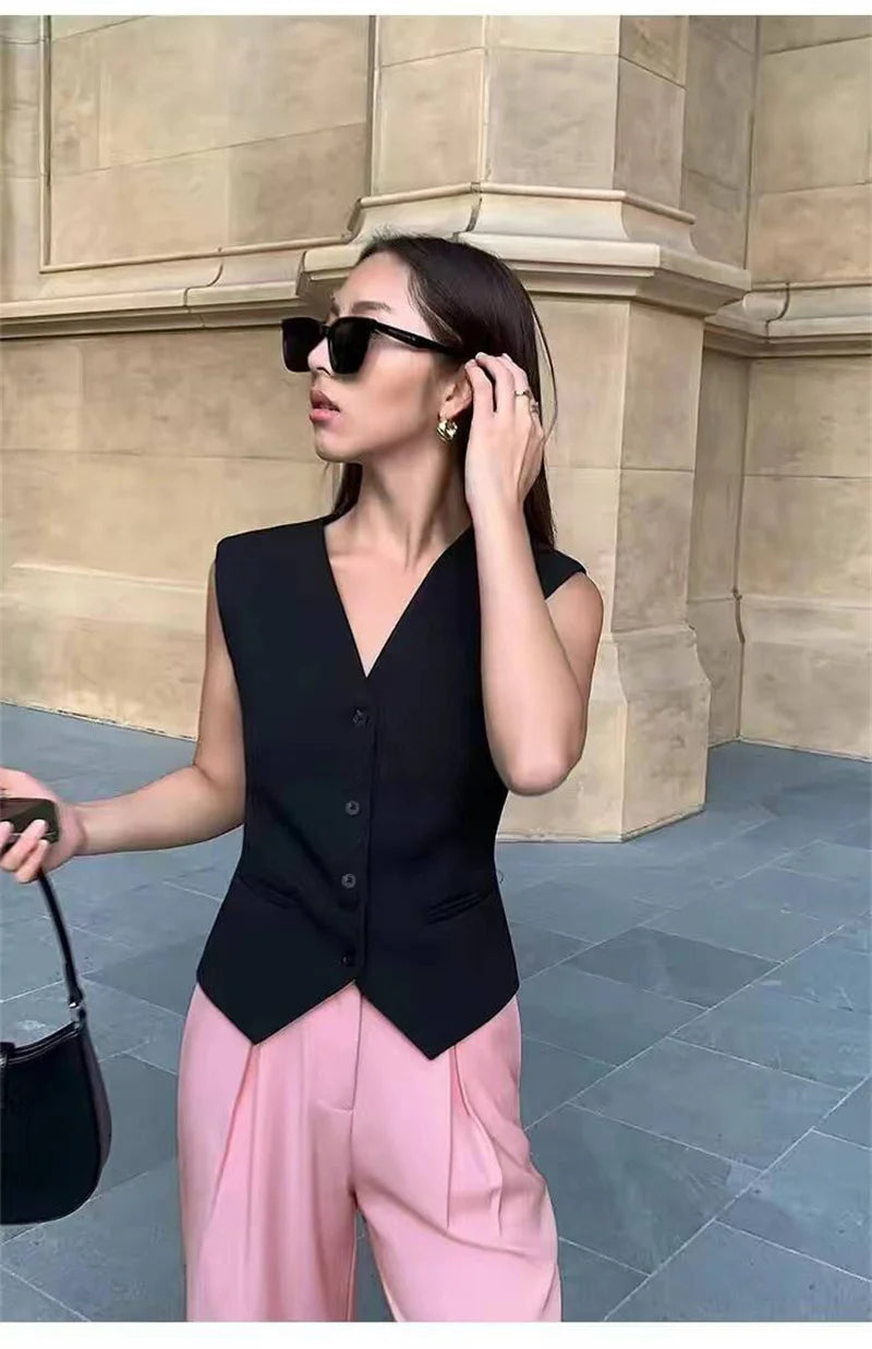Spring Summer Korean Fashion Vest 2025 New Women Short Fashion V-neck Sleeveless Casual Blazer Waistcoat Coats Female Tops
