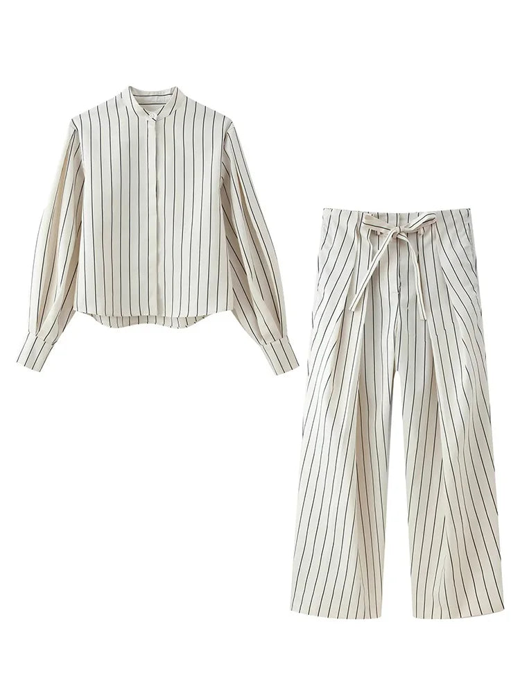 HH Women Spring New Fashion Vintage Versatile Beige Striped Puffy Sleeve Shirt+High Waisted Loose Pleated Casual Long Pants Set