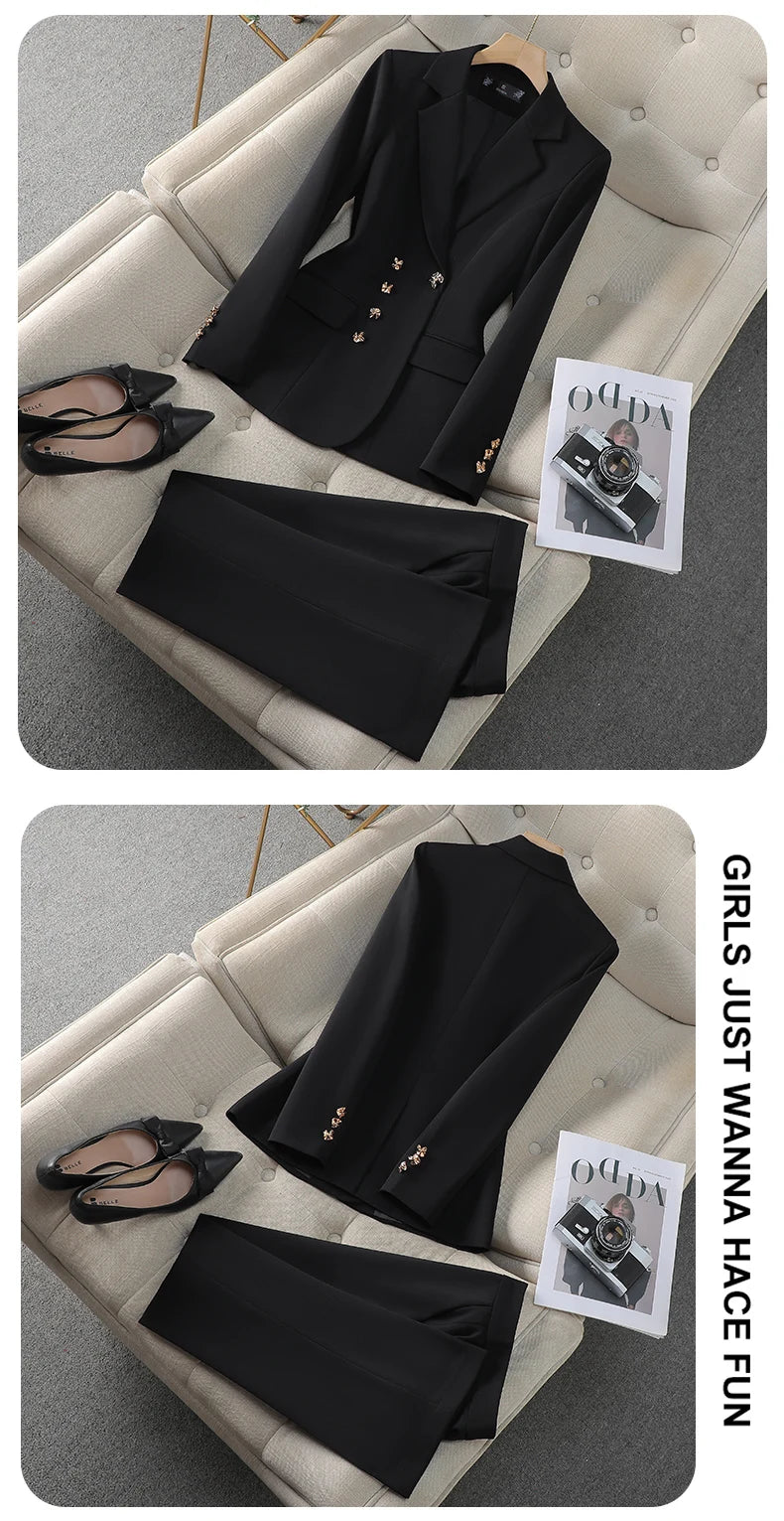 NAVIU New 2024 Women Pant Suits Pink Blazer And Jacket Set Office Ladies Work Business Uniform Female Pantsuit OL Style Beige