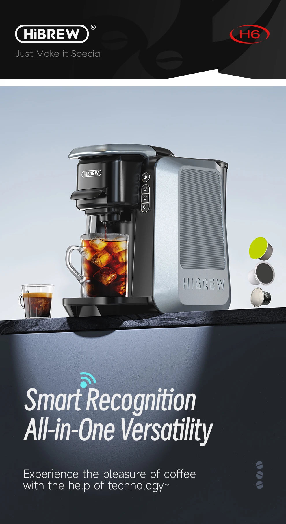HiBREW 6 in 1 Multiple Capsule Coffee Machine Hot/Cold DG Nes Capsule ESE Pod Tea Basket Ground Coffee Cafeteria 20Bar H6