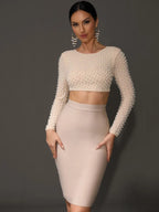 Sexy O Neck Long Sleeve Mesh Pearl Beige Black Celebrity Midi Women Bandage Set 2024 Designer Evening Party Women's Set