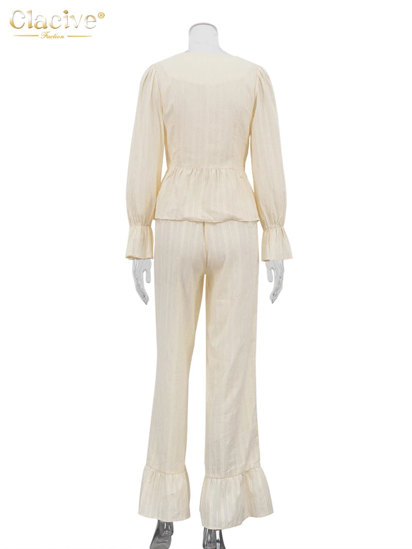 Clacive Fashion Loose Beige Cotton 2 Piece Set Women Elegant Long Sleeve Shirt With High Waist Wide Pants Set Female Clothing