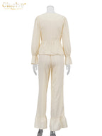 Clacive Fashion Loose Beige Cotton 2 Piece Set Women Elegant Long Sleeve Shirt With High Waist Wide Pants Set Female Clothing
