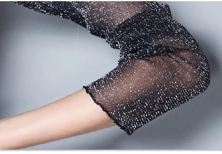 Glitter Mesh Blouse Sexy Womens Shirts Long Sleeve Tops Korean Black Pink O-Neck Elegant Slim Blouse Camisas Femininas