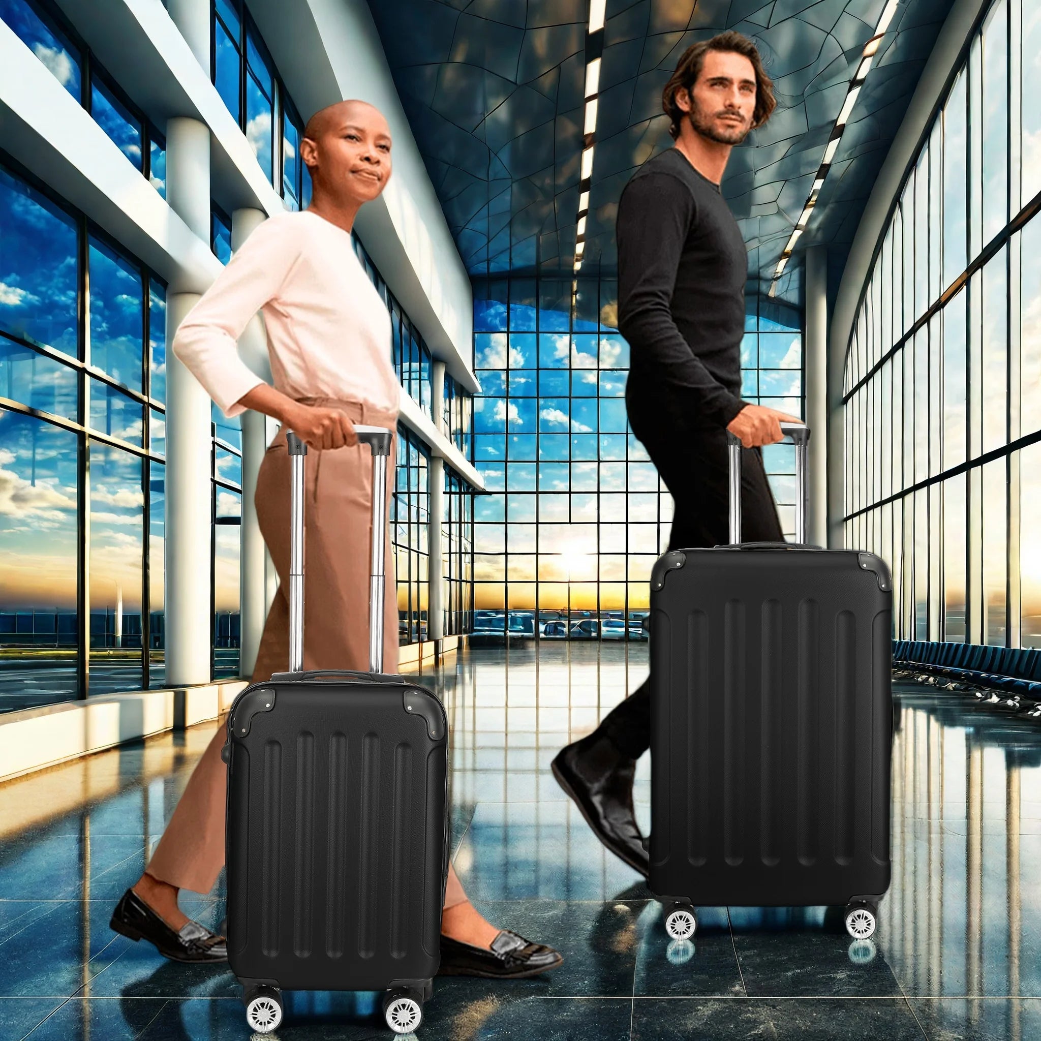 Comanlai 3Pcs Rolling Luggage Sets, Black Hard-shell Suitcases, Classical Striped Design, with 360° Universal Wheels, TSA Lock and Telescopic Handle,  for Business Outdoor Travelling