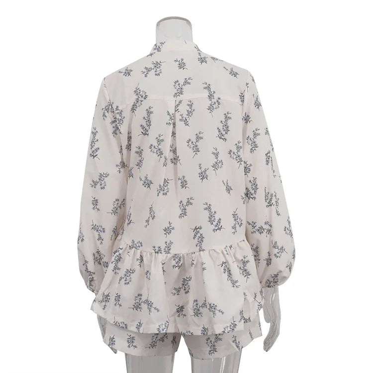 Casual Beige Print Women's Two Pieces Set Fashion Stand Collar Wrist Sleeve Ruffled Shirts And High Waisted Shorts Suit Woman