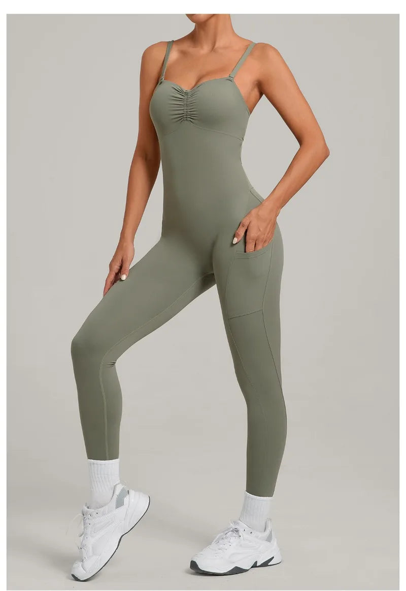 Women's Yoga Jumpsuits Sports Fitness One-piece Beauty Back Strap Pocket Hip-lifting Slim Fit Running Workout Training Bodysuits