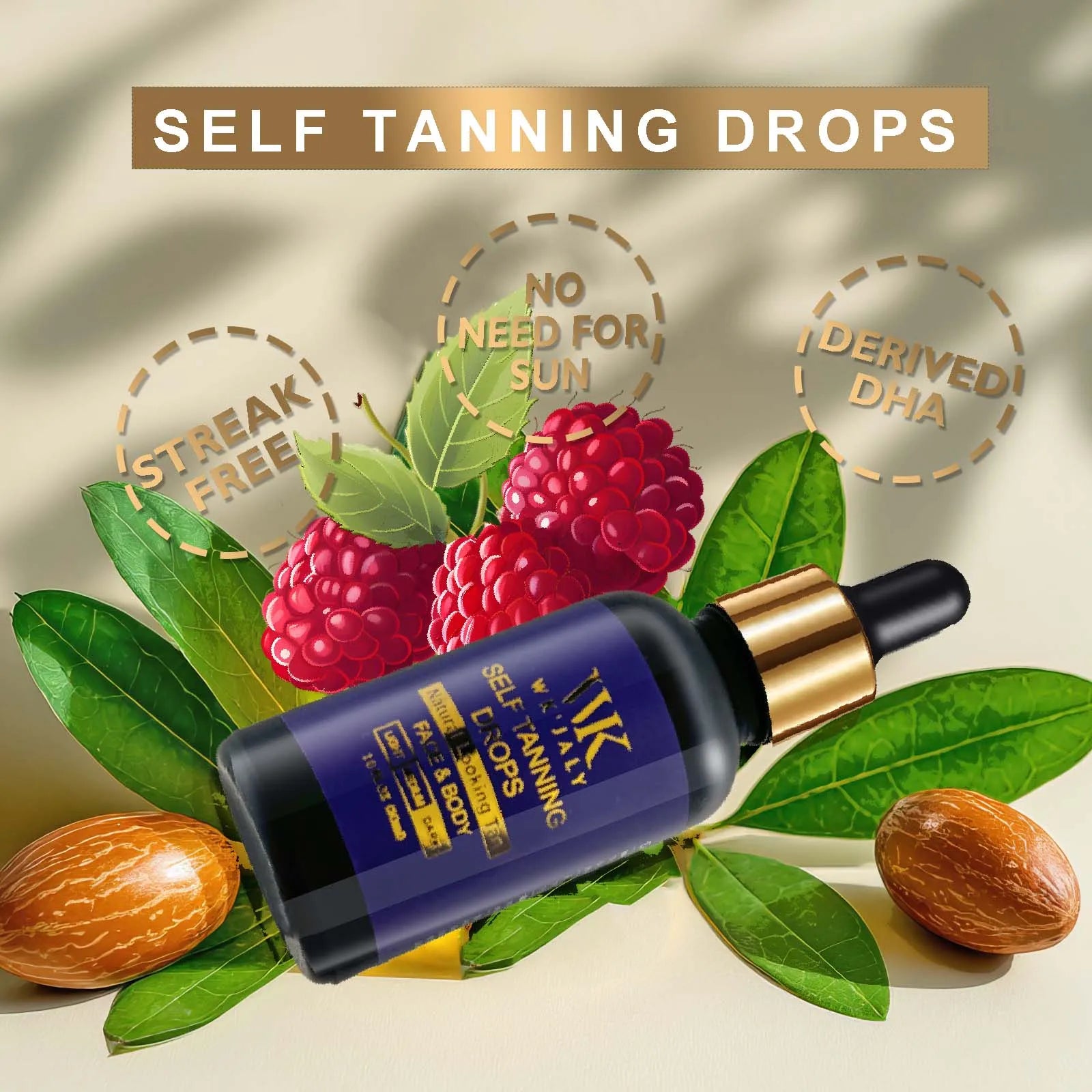 WK JALY Dark Self Tan Drops, Natural Self Tanner, Face & Body Glow with DHA, Carrot Oil, Aloe, Buildable, Streak Free Tan, Vegan Secondary image