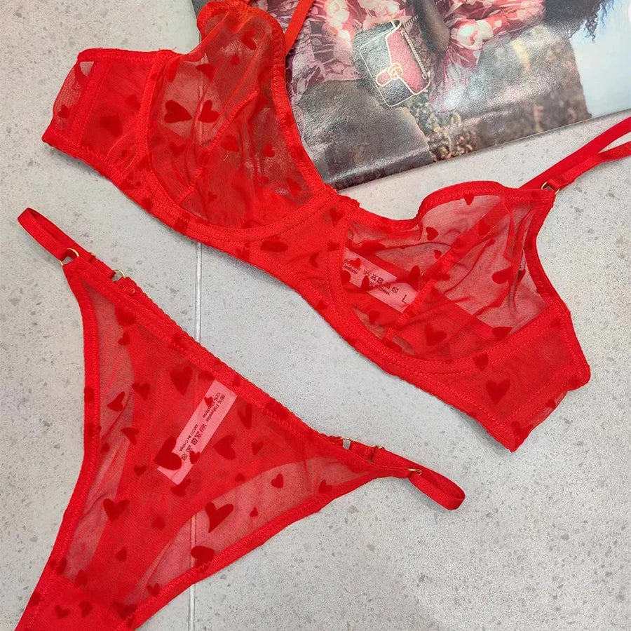New Lingerie Thongs Set Sexy Ultra Thin Transparent Bra Women Underwire Push Up Bra Set Summer Romantic Peach Heart Underwear