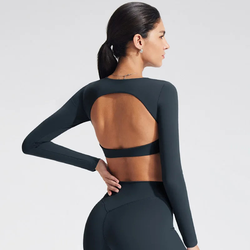 NCLAGEN Yoga Top With Built-in Bra Long-sleeve Women's Gym Clothes Backless Workout Tee High Elastic Breathable Fitness Shirt