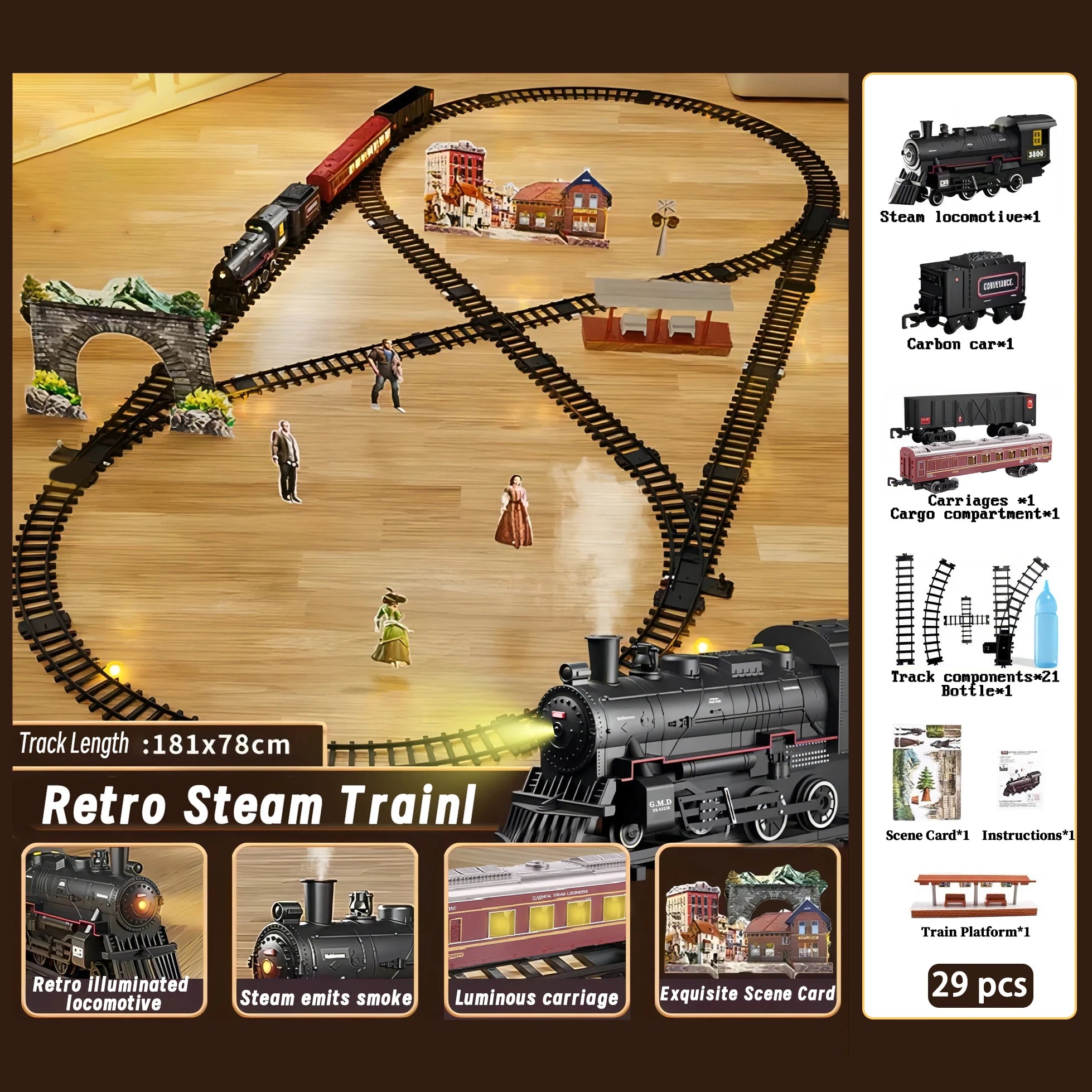 Classical Battery Operate Electric Railway Train Steam Locomotive Set Adding Water to Smoke Train Toys with Light&Sound   ﻿ Main image