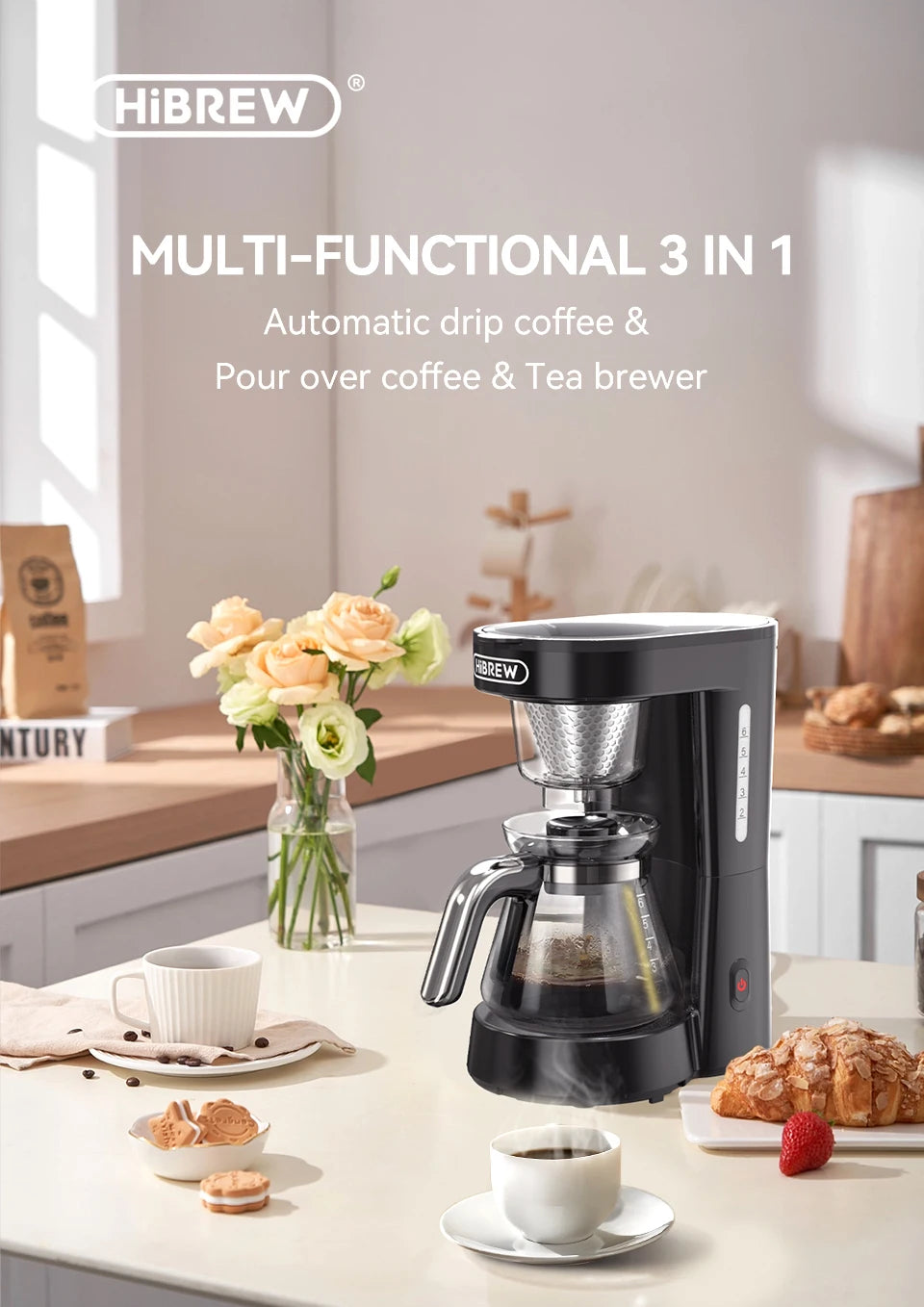 HiBREW 3 in 1 America Drip Coffee Machine Pour Over Coffee Maker Glass Teapot Hot Tea Maker  750ML H12