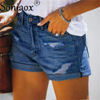2024 Summer New Women Crimping Button Up Stretch Sexy Hole Jean Shorts High Waist Skinny Streetwear Trendy Ripped Denim Shorts