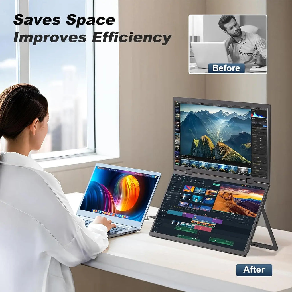 UPERFECT Delta 15.6" Dual Portable Monitor For Laptop Screen Extender 1080P HDR 360° Folding Stacked with Stand For Laptop PC
