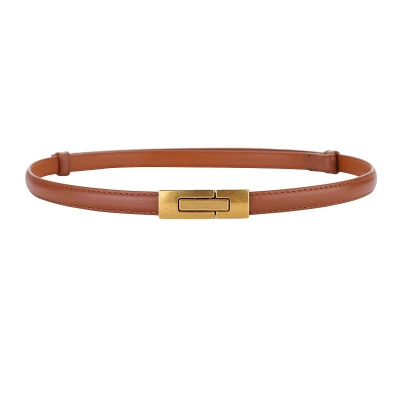 Adjustable Women’s Skinny Thin Belt, Classic Solid Color Genuine Leather Waistband for Trendy Coats and Dresses