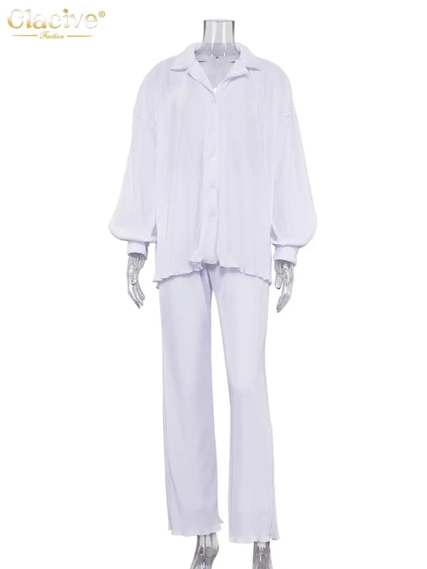 Clacive Causal Loose Home Suit Autumn Long Sleeve Blouse With High Wasit Pants Set Women Elegant Pleated Beige 2 Piece Pant Sets