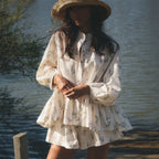 Casual Beige Print Women's Two Pieces Set Fashion Stand Collar Wrist Sleeve Ruffled Shirts And High Waisted Shorts Suit Woman