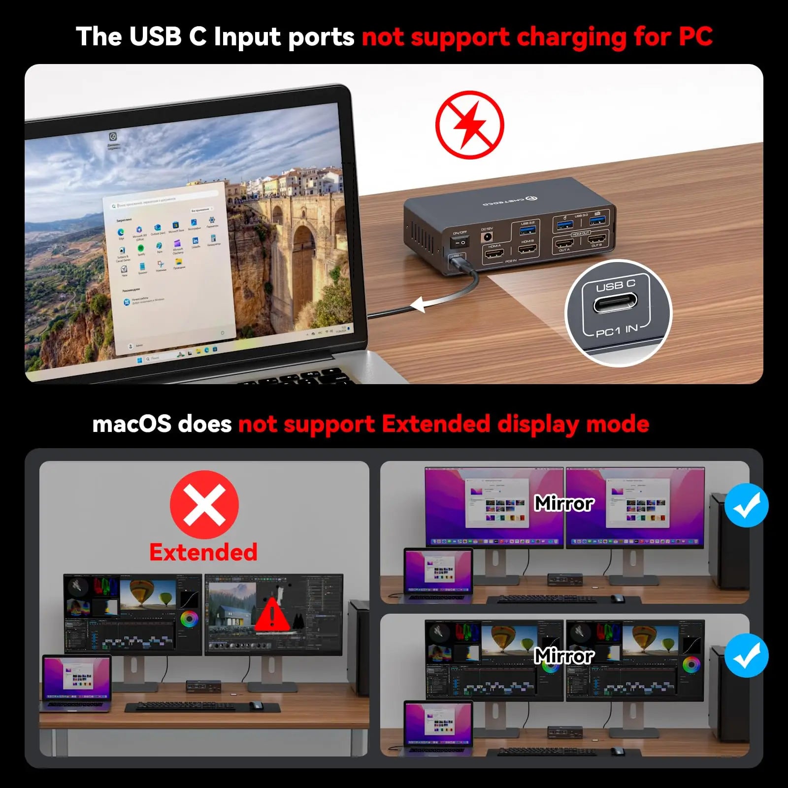 KVM Switch 2 Monitors 2 Computers Docking Station USB C+HDMI/DP Input,4K@60Hz/120Hz DisplayPort Dual Monitor for Laptop Desktop